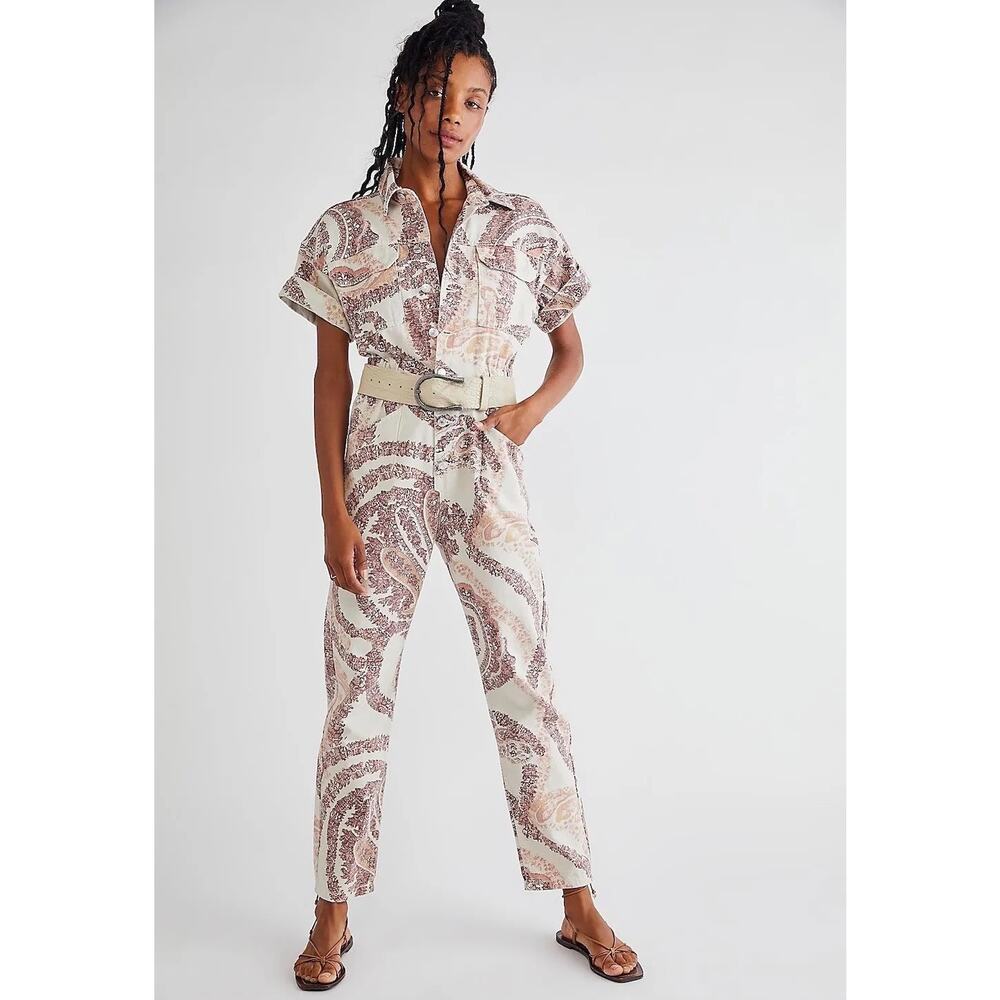 Free People Marci Paisley Print Denim Coverall Jumpsuit Short Sleeve Size Medium